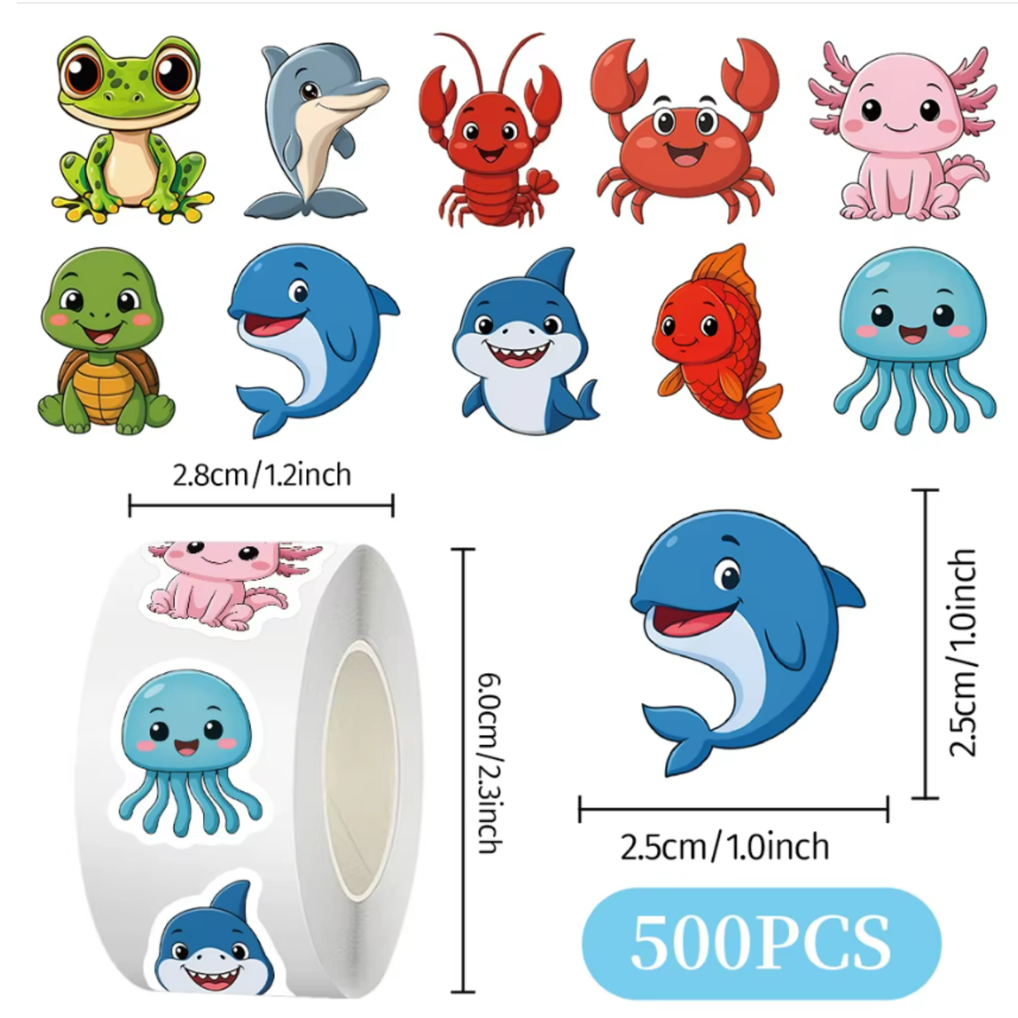 500pcs Roll of Aquatic Animal Stickers