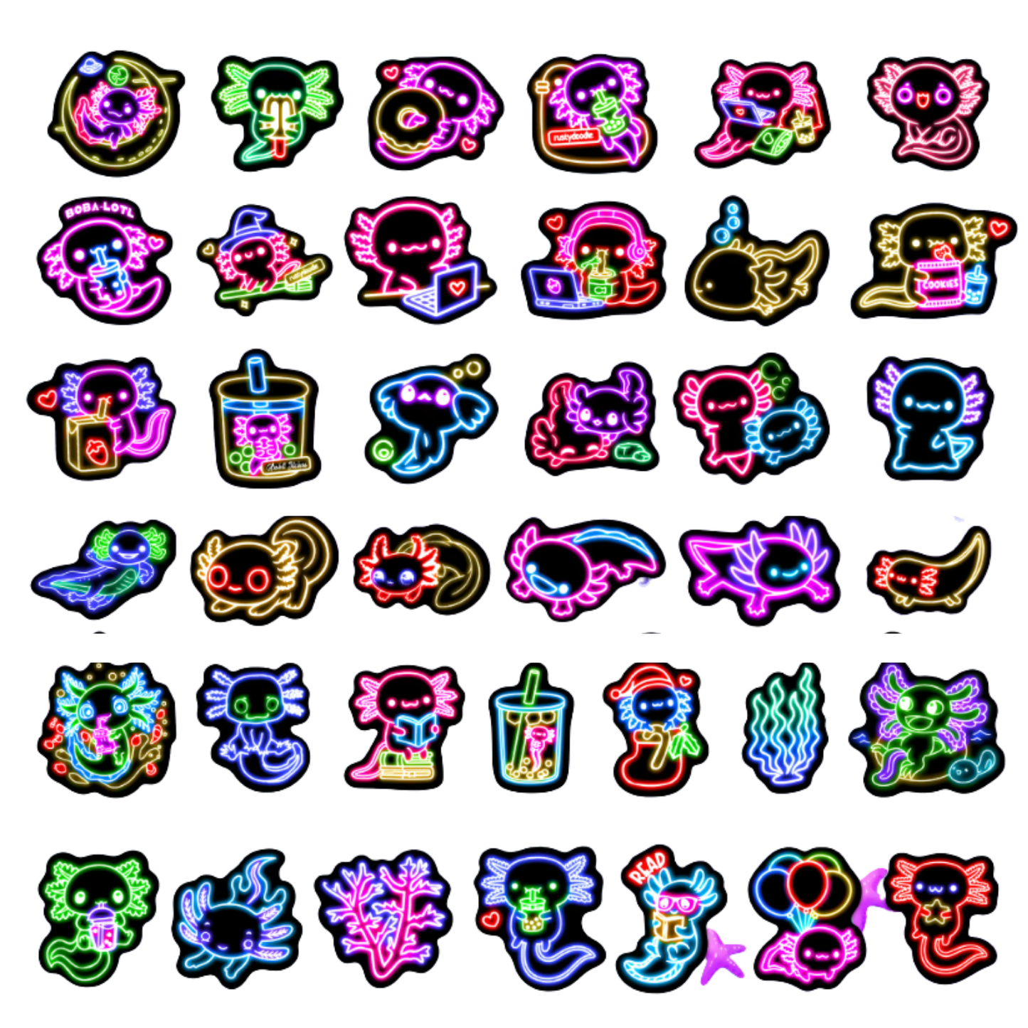 Glow in the Dark Neon Axolotl Stickers (50pcs)