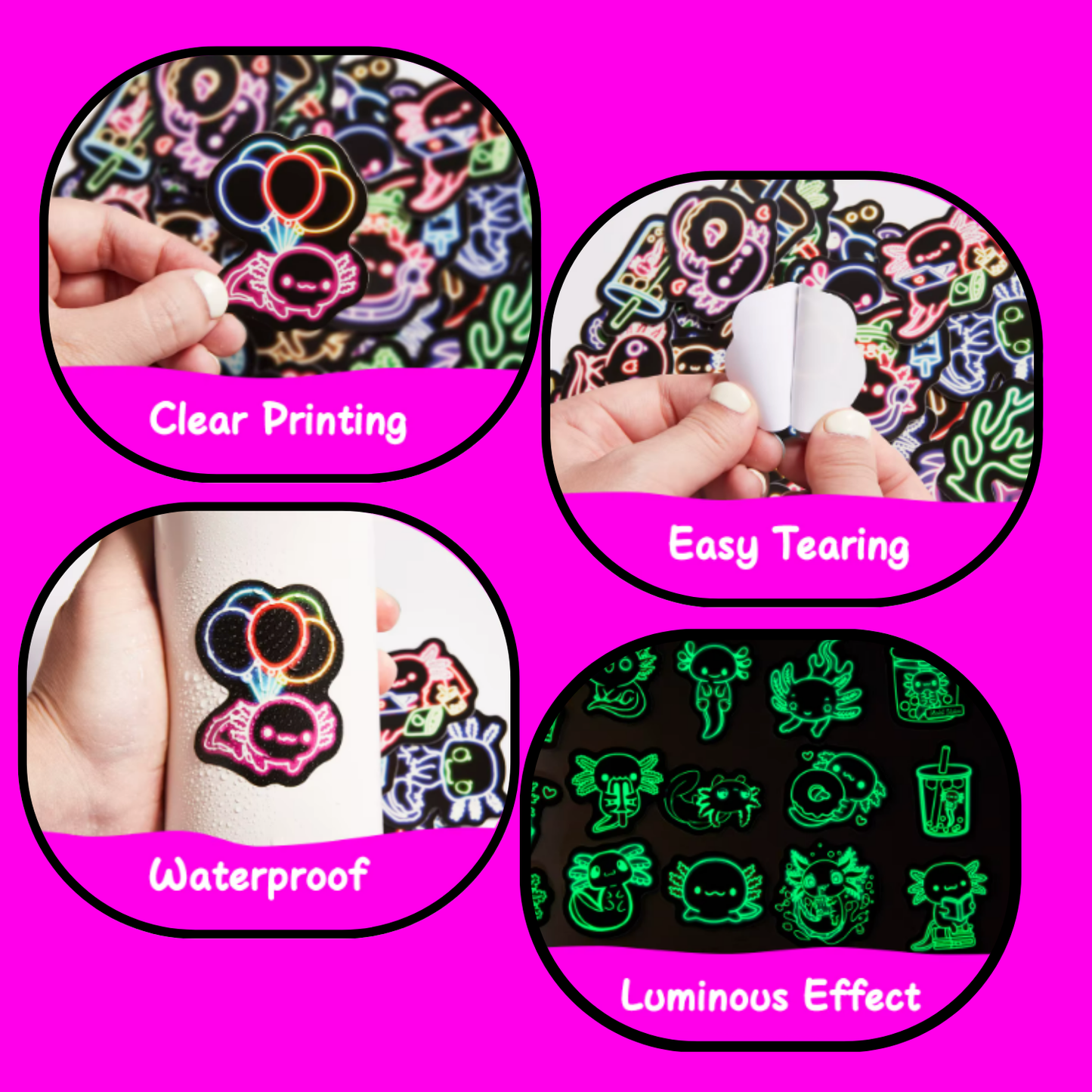 Glow in the Dark Neon Axolotl Stickers (50pcs)