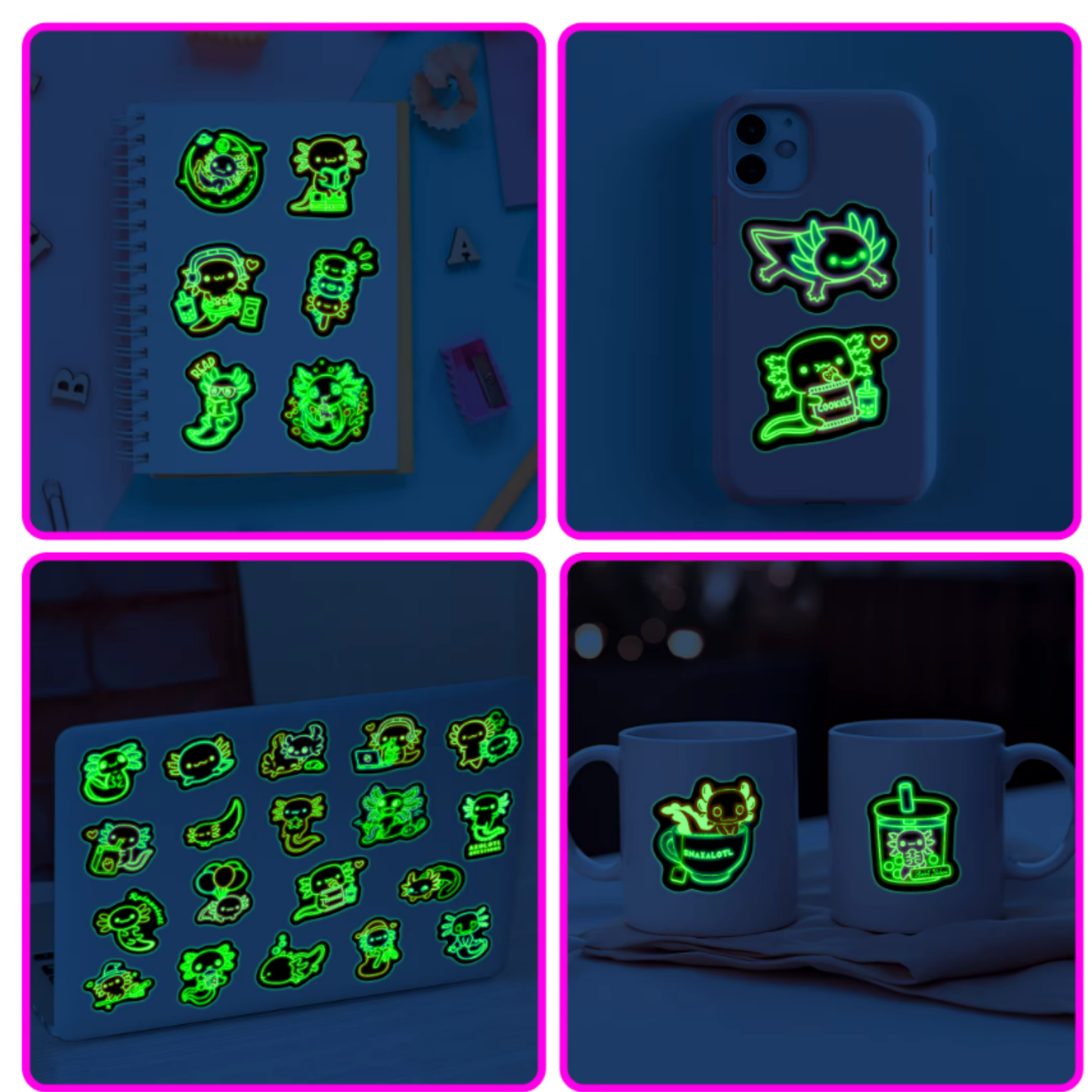 Glow in the Dark Neon Axolotl Stickers (50pcs)